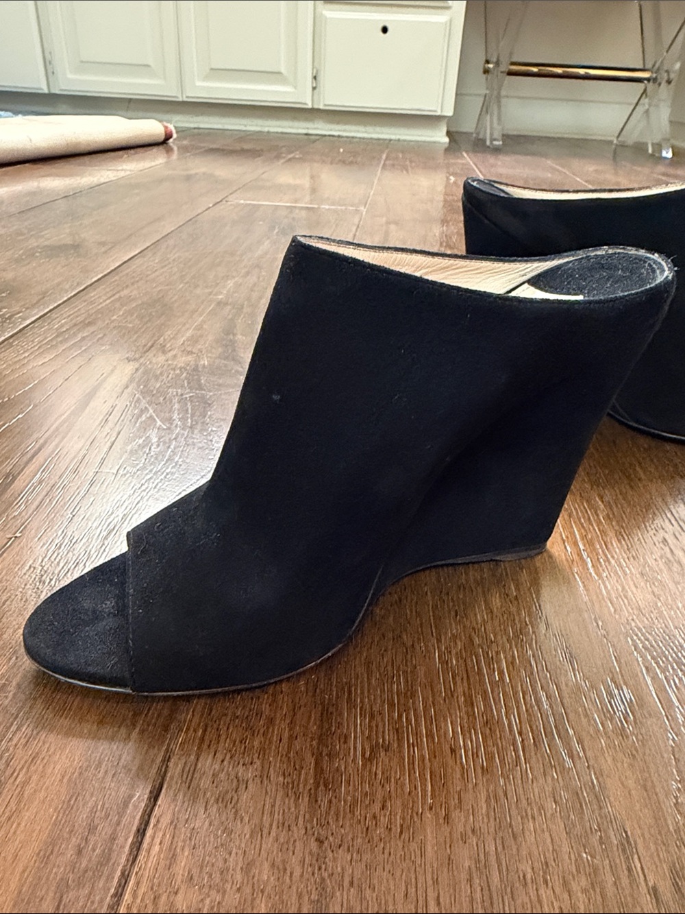 Prada - Women’s Black Suede Peep-Toe Wedge Bootie Mules Heel - Size: 38 - Picture 3 of 12